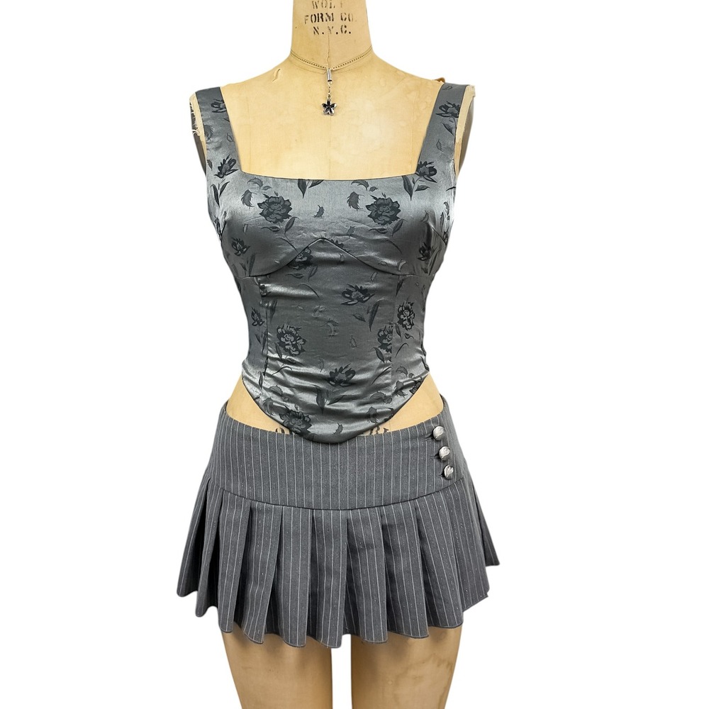 Gothic Floral Lace Up Corset Tank Metallic Cyber Y2K Dark Romantic XS